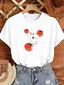 Camiseta de mujer, novedad de verano, camiseta de manga corta para mujer con estampado de gato y tomate, llena de diversión, elegante, moderna y versátil. - Blanco - Ver 1