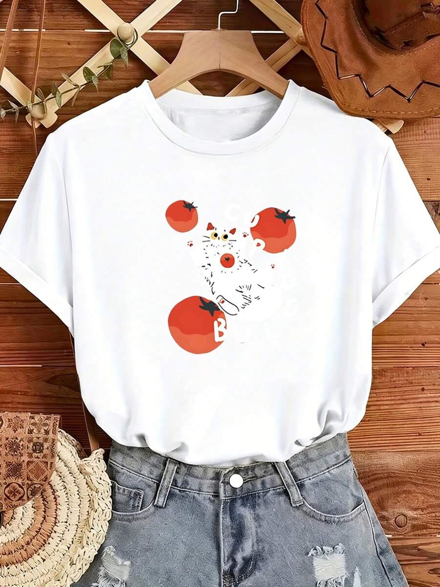 Camiseta de mujer, novedad de verano, camiseta de manga corta para mujer con estampado de gato y tomate, llena de diversión, elegante, moderna y versátil. - Blanco - Ver 1