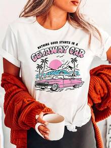 Camiseta de algodón ligero con estampado de letras, estilo casual, de manga corta y cuello redondo, para verano y primavera, ropa de mujer, edición limitada de coche vintage junto al mar. - Blanco - Ver 7