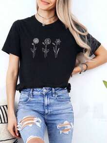 T-Shirt With Birth Month And Birth Month Flower, Mother's Day T-Shirt, Unisex Casual Short Sleeve Crew Neck Summer T-Shirt, Breathable And Comfortable, Ideal Gift - 黑色 - 查看 2
