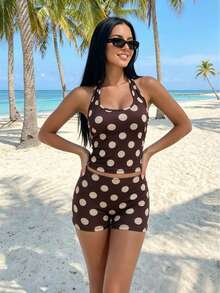 Bộ đồ thể thao 2 mảnh in chấm bi Kliou dành cho nữ, kiểu dáng thường ngày, áo tank top hở lưng không tay và quần short đạp xe, phong cách thể thao đường phố mùa hè. - Cà phê nâu - Xem 2