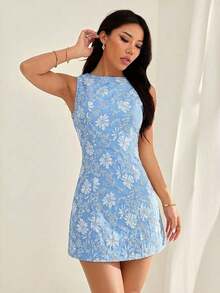 Vestido ajustado mini sin mangas de jacquard elegante y vintage, color verde - Azul - Ver 6