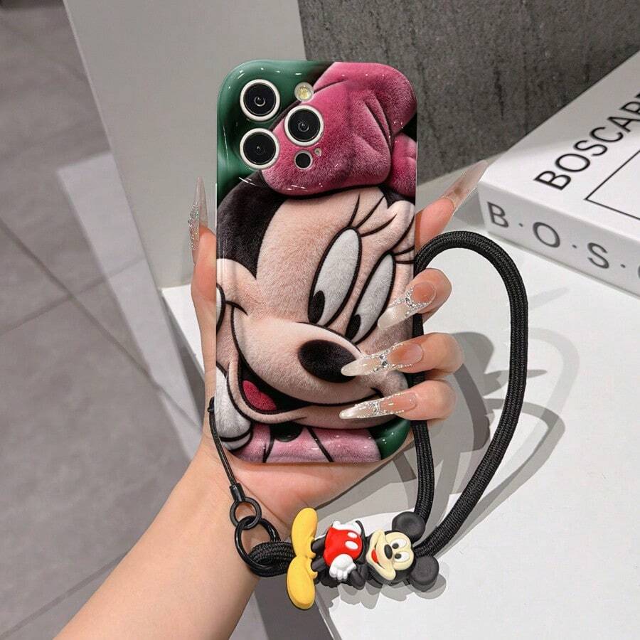 Disney Mickey Mouse Clubhouse Phone Case : 3D Fluffy Pattern Border Protector Phone Soft Phone Case With A Free Cute Mickey Bracelet Chain Lanyard, Mickey, Minnie, Goofy, Donald Duck, Daisy Duck, Pluto, For Apple 17 Promax 17 Pro 16 15 14 13 12 11 Pro Max XS Max X XR Soft Cover Summer Phone Case - trắng - Xem 1