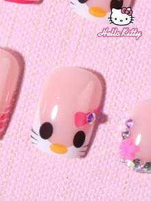SANRIO 三丽鸥Hello Kitty 24片装短方形3D立体法式美甲贴片 - 可爱的Hello Kitty装饰，镶嵌水钻，3D爱心和花朵设计，完美贴合亚克力假指甲，套装包含1支果冻胶和1个指甲锉，适合女性和女孩日常及派对使用。 - 彩色 - 查看 3