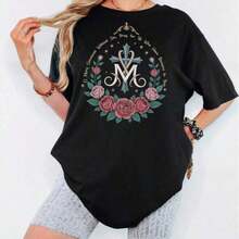 1 Catholic Marian T-Shirt, Catholic Gift, Catholic Marian Religious T-Shirt, Christian Faith Clothing, Floral Religious T-Shirts For Women, T-Shirt With Cross, Cute Summer T-Shirts For Women, Printed Round Neck T-Shirt, Graphic T-Shirts For Women, 180g 100% Cotton, All Designs Are Printed. Unisex. - Black004 - 查看 2