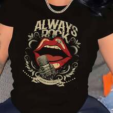 Camiseta de Música Country para Mujeres Talla Grande - Diseño Vintage ALWAYS ROCK con Labios Rojos y Detalles Dorados, Cuello Redondo Elástico y Manga Corta para Uso Casual y Conciertos, Camiseta de Música - Negro - Ver 1