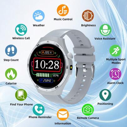 Reloj inteligente con llamadas Bluetooth y música - Pantalla táctil redonda de 1.5", Rastreador de actividad física, Múltiples modos deportivos, Pronóstico del tiempo, Notificación de mensajes, Asistente de voz, Correa ajustable, Reloj popular para uso diario y deportivo