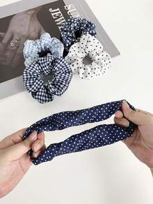 5pcs Retro Brown Scrunchie Set, Polka Dot & Plaid Print Hair Ties, Versatile Daily Hairstyle Essentials Ponytail Elastic Hair Ties - Navy Blue - View 5