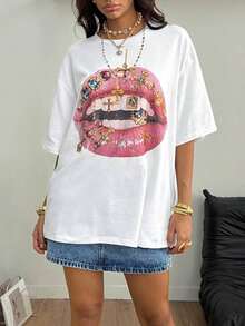 Camisetas Blancas Oversize para Mujer, Estilo Vintage Casual Y2K Hippie Old Money, con Gráficos de Labios, Transpirables y Cómodas, para Verano y Conciertos - Blanco - Ver 6