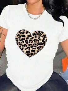 Women's Short-Sleeved, Round-Neck, Loose-Fitting, Logo And Heart Print, Urban Style, Leopard Print - Putih - View 1