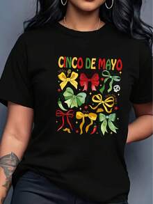 Camiseta de mujer con temática del Cinco de Mayo - Manga corta, cuello redondo, estilo no tipo blusa, adecuada para uso casual en primavera y verano, con un estampado temático, para fiestas, uso diario y conjuntos de estilo Cinco de Mayo. - Negro - Ver 6