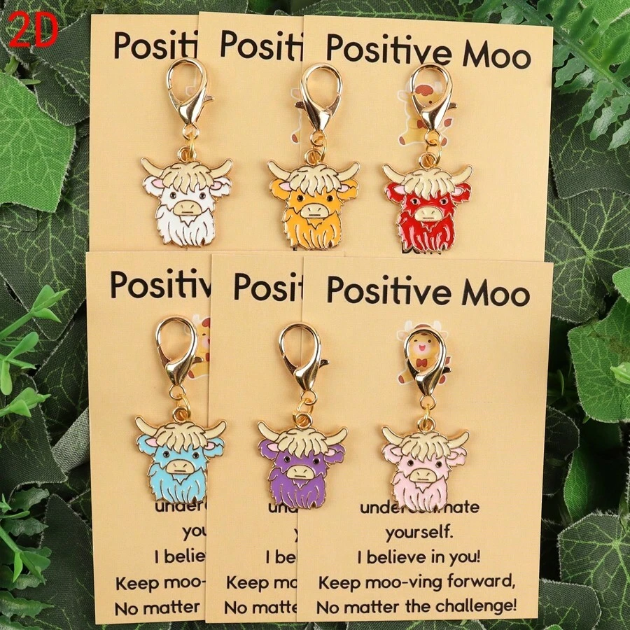 2D 6pcs Cute Highland Cow Inspirational Keychain Set. Artistic Fresh Healing Gift. Suitable For Backpack/Schoolbag/Phone Case DIY Decoration, Applicable For Father's Day/Birthday/Holiday Party/Graduation/Back To School/Daily Use. Exquisite Versatile And Fade-Resistant - View 1