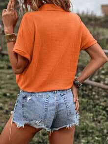 Camisa de verano para mujer, casual, suelta, de un solo botón y unicolor - Naranja - Ver 2