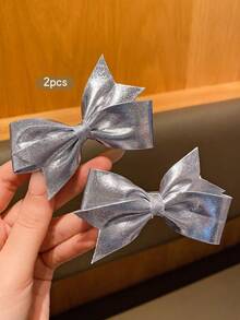 2pcs Silver Bowknot Hair Clips, Fashionable Korean Sweet Style Hair Accessories Suitable For Daily Use - Silver - View 2