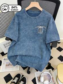 Áo thun nữ cỡ lớn kiểu vintage họa tiết bông tuyết, in hai mặt hình hoa và rùa, cổ tròn, tay ngắn, kiểu dáng thường ngày, thích hợp mặc mùa hè. - Màu xanh lam - Xem 2
