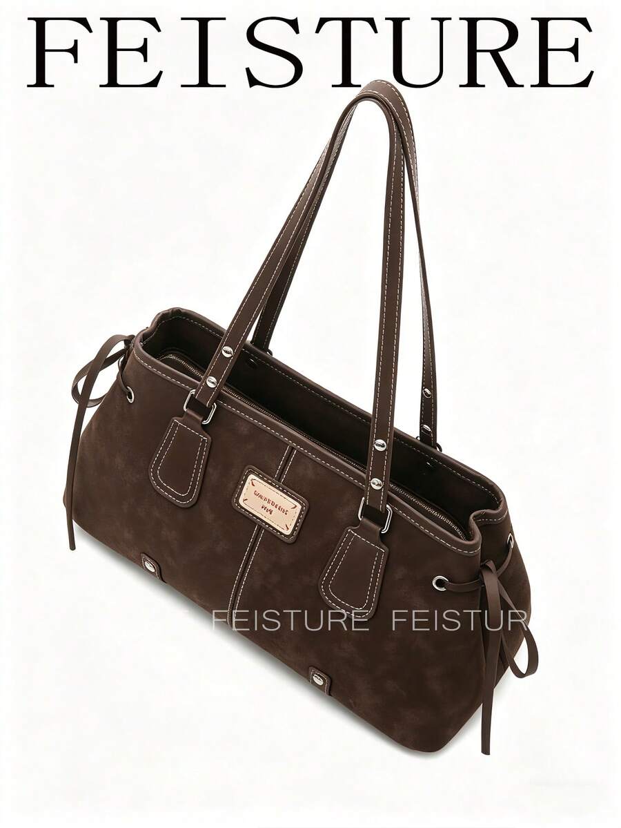 1pc Fashion Shoulder Underarm Bag, Large Capacity Women's Tie Commuter Bag, Suitable For Daily Outings, Dates, And Commuting - Coffee - View 1