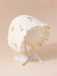 1PC Baby Muslin Bonnet, Skin-Friendly Soft Ruffle Floral Newborn Hat, Adjustable Tie Breathable Sun Protection For 0-18M Toddlers - 1PC - View 7