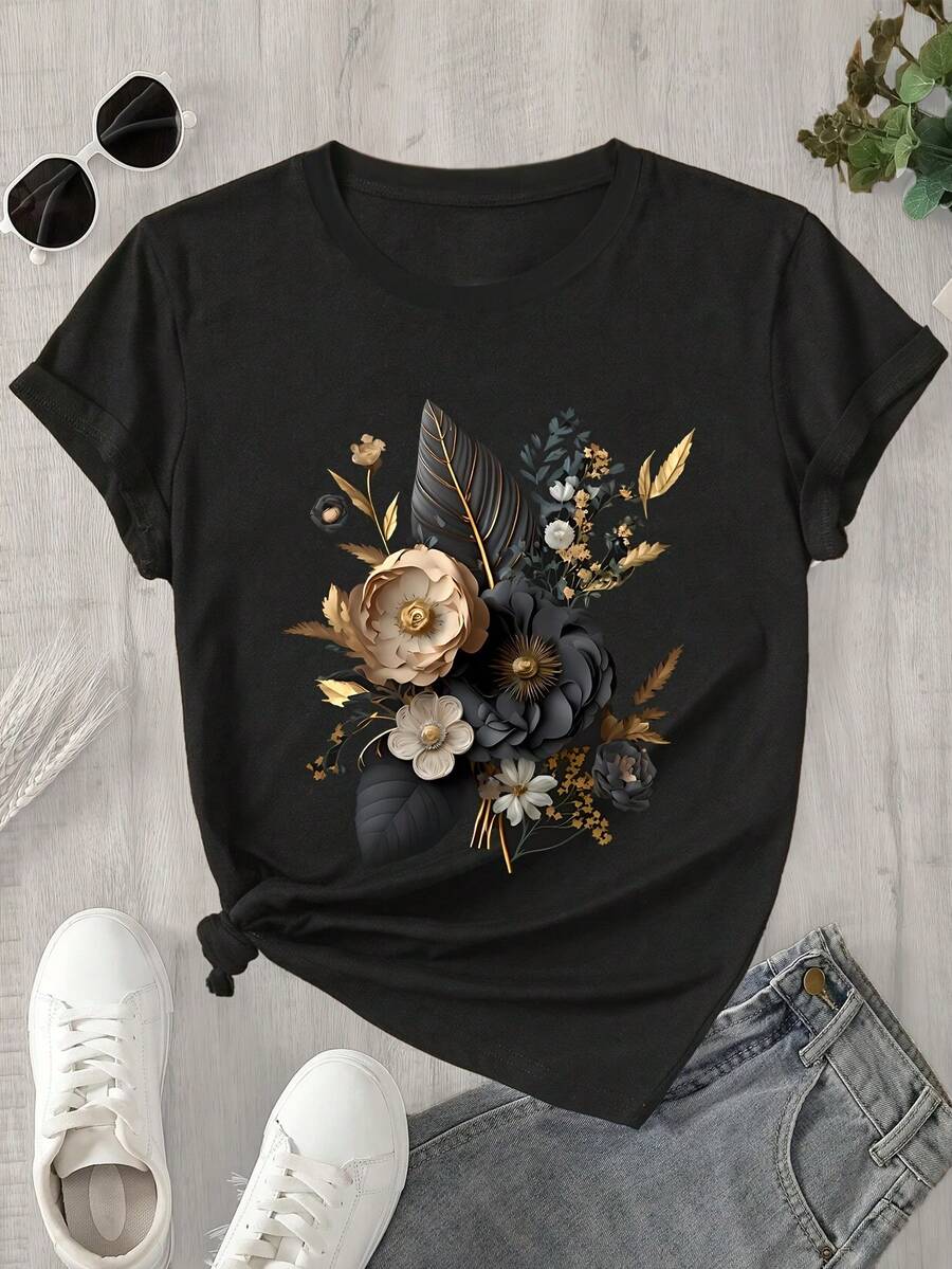 Camiseta de manga corta estampada para mujer - Diseño verde y dorado, cuello redondo, estilo casual, transpirable para primavera y verano, lavable a máquina, corte regular, textura suave. - Negro - Ver 1