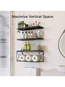 Bathroom Floating Shelves For Wall Mounted Shelf Over Toilet Farmhouse Home Decor Display Shelving Small 16 Inch. - Black - View 5