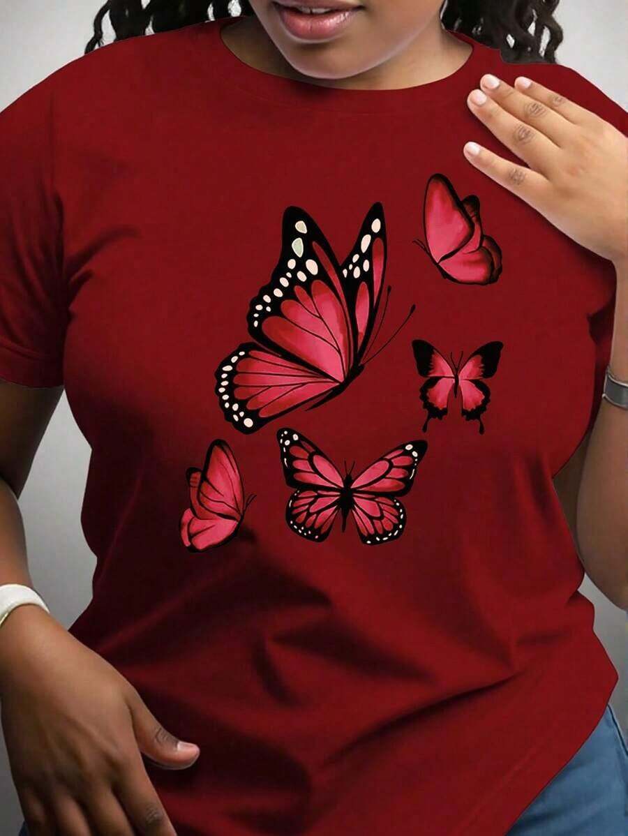 1 Pieza de Ropa Casual de Moda para Hombres y Mujeres, Camiseta Casual de Manga Corta con Cuello Redondo y Estampado de Mariposas para Mujer, para uso diario, versátil, fácil de combinar, adecuada para el uso cotidiano, estilo urbano, ropa de vacaciones, ropa de fin de semana. - Burdeos - Ver 1