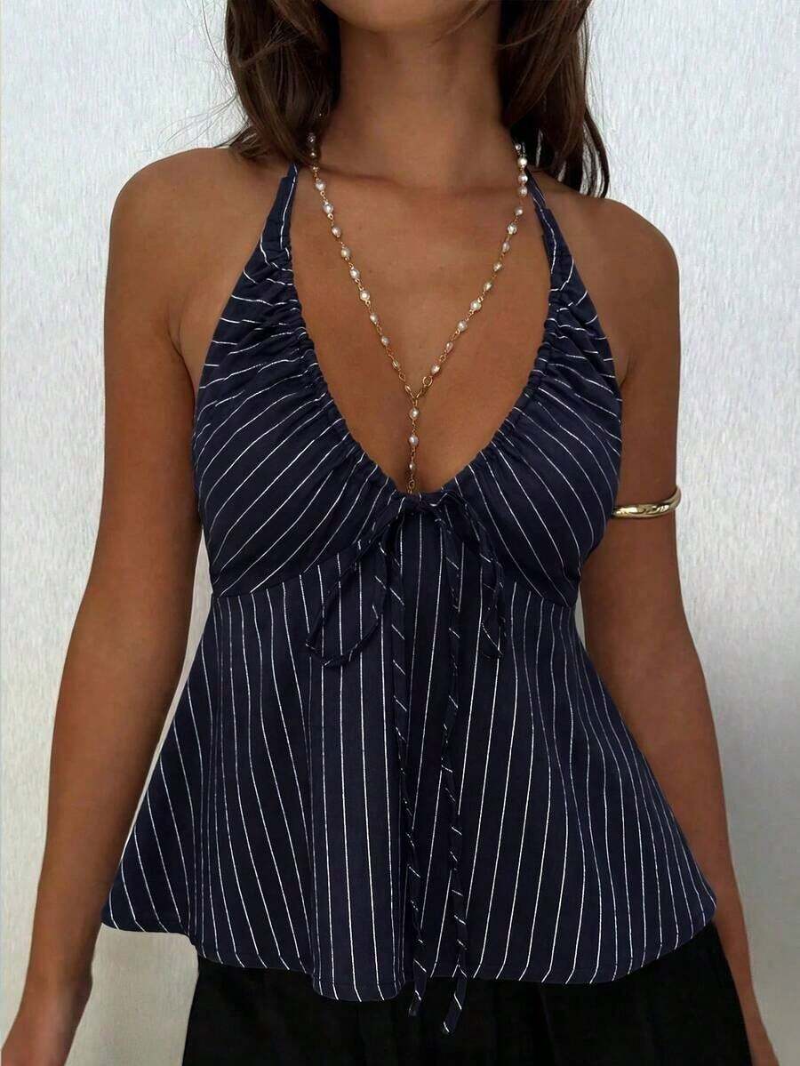 Camiseta de mujer con cuello halter sexy de cuello en V profundo y amarres delanteros a rayas - azul real - Ver 1