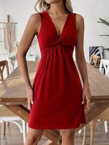 Vestido corto de verano sin mangas, de color liso y con torsión, de estilo casual - Rojo - Ver 6