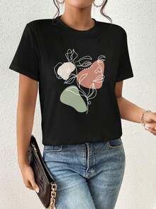 Camiseta Casual para mujer con corte holgado, estampado floral, cuello redondo y manga corta.Adecuada para verano. - Negro - Ver 6