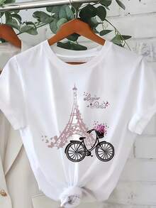 Women's Short Sleeve Cotton T-Shirt, Parisian Graphic Print Short Sleeve T-Shirt For Women - Eiffel Tower And Bicycle Design With "Bonjour Paris" Text, Semi-Sheer Casual Round Neck Top, Machine Washable All Season T-Shirt, Travel Wear, Architectural Design, Stylish Writing Design. - 白色 - 查看 1