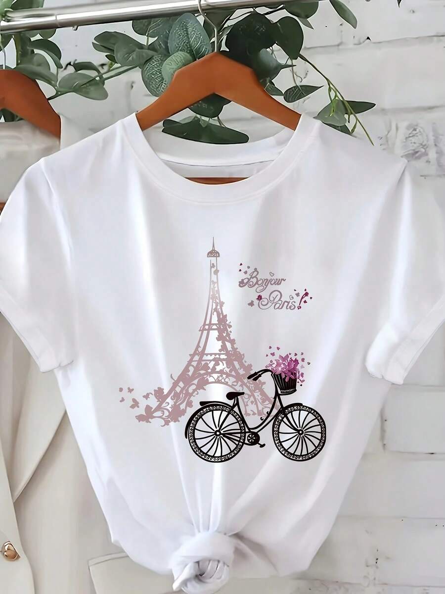 Women's Short Sleeve Cotton T-Shirt, Parisian Graphic Print Short Sleeve T-Shirt For Women - Eiffel Tower And Bicycle Design With "Bonjour Paris" Text, Semi-Sheer Casual Round Neck Top, Machine Washable All Season T-Shirt, Travel Wear, Architectural Design, Stylish Writing Design. - 白色 - 查看 1