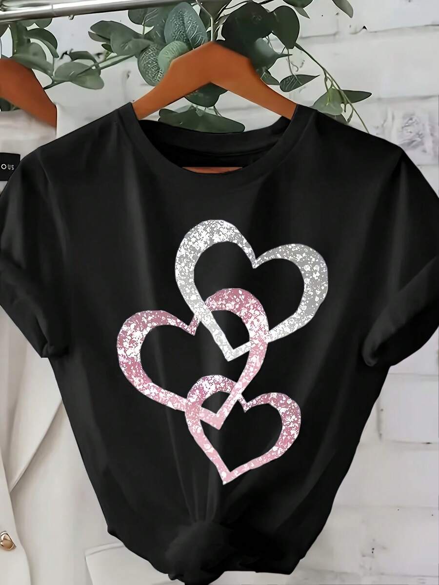 Women's Short Sleeve Cotton T-Shirt, Korean Style, Gradient Heart Print - Short Sleeve Round Neck Blouse For Summer, Suitable For Casual Outfits, Regular Fit, Not A Top, Machine Washable / Suitable For - 黑色 - 查看 1