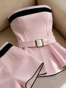Conjunto de 2 piezas de top bandeau decorado y shorts de moda para mujer - Rosa - Ver 3