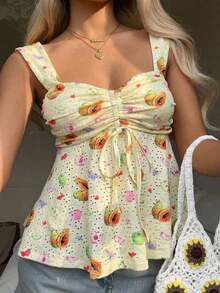 Nueva Colección Primavera/Verano 2026 para Mujer: Blusa/Top sin Mangas con Volantes y Cordón Ajustable, Estampado de Lunares Amarillo Buttercup y Marrón, Estilo Casual y Versátil, Top de Verano - Amarillo pálido - Ver 7