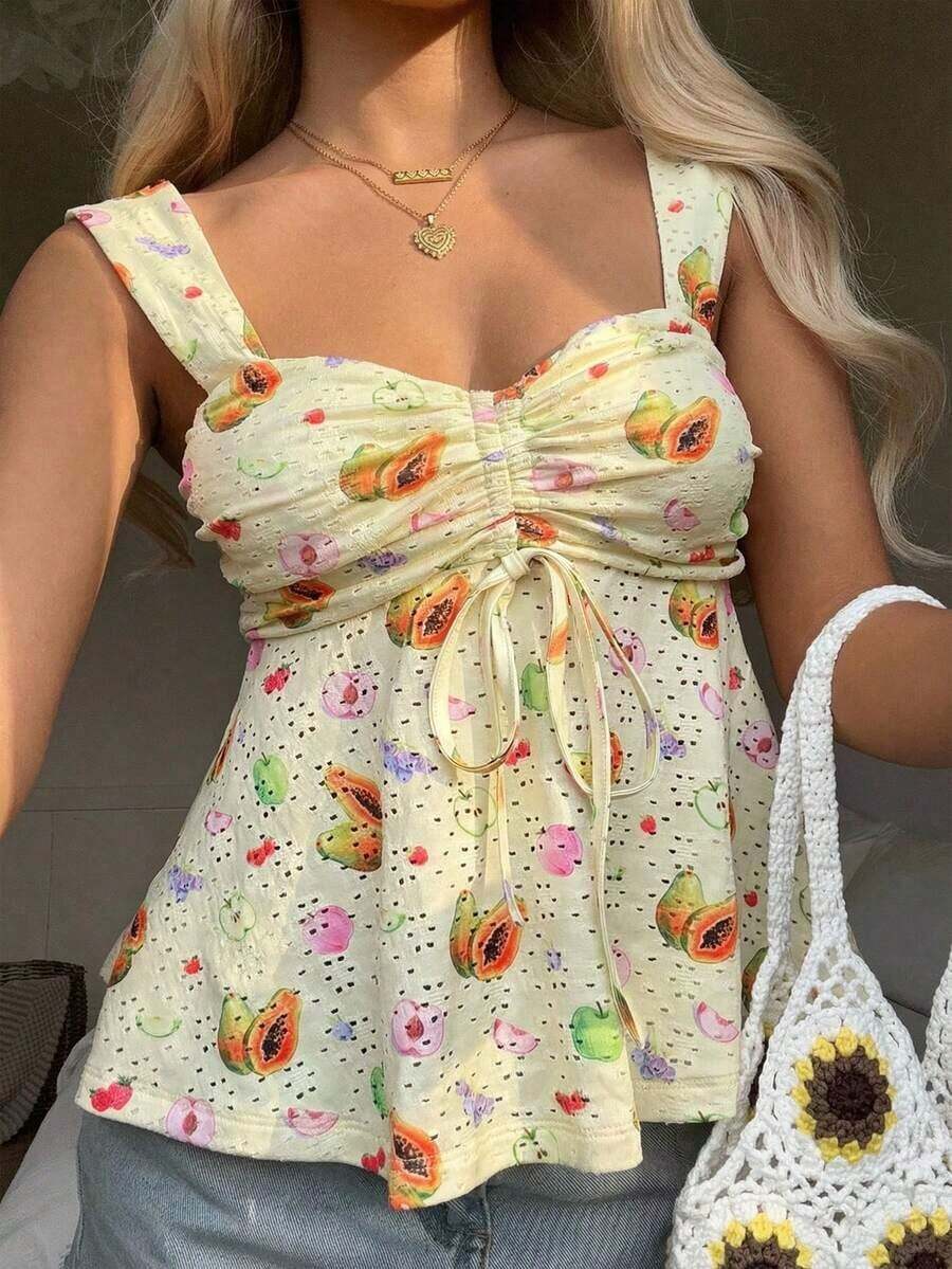 2026 Spring/Summer New Women's Apparel: Buttercup Yellow & Brown Polka Dot Cute Casual Versatile Ruffle Drawstring Blouse/Tank Top,Summer Top - 淡黃色 - 查看 1