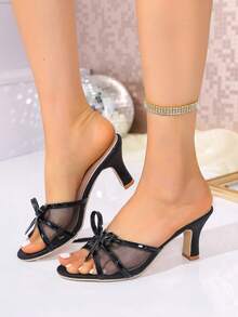 2026 Nuevos Sandalias Negras de Encaje y Malla con Lazo, Puntera Redonda, Tacón de Gatito Elegante, Versátil para Fiesta, Cita, Uso Diario - Negro - Ver 1