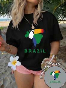 Women's Short-Sleeved Crew Neck T-Shirt, 100% Cotton, Machine Washable, Easy Care, Casual Design With Brazil Map And Giant Toucan Print, Bright Colors, New Style Summer 2026 Top, Suitable For Travel, Daily Wear, Plus Sizes, Vacation, Beach, Festival, Pure Cotton Short Sleeve. - 黑色 - 查看 7