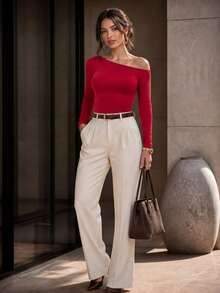 Elegant Casual Blouse, Knit Fabric, Asymmetrical Cutout, Winter - Red - View 6