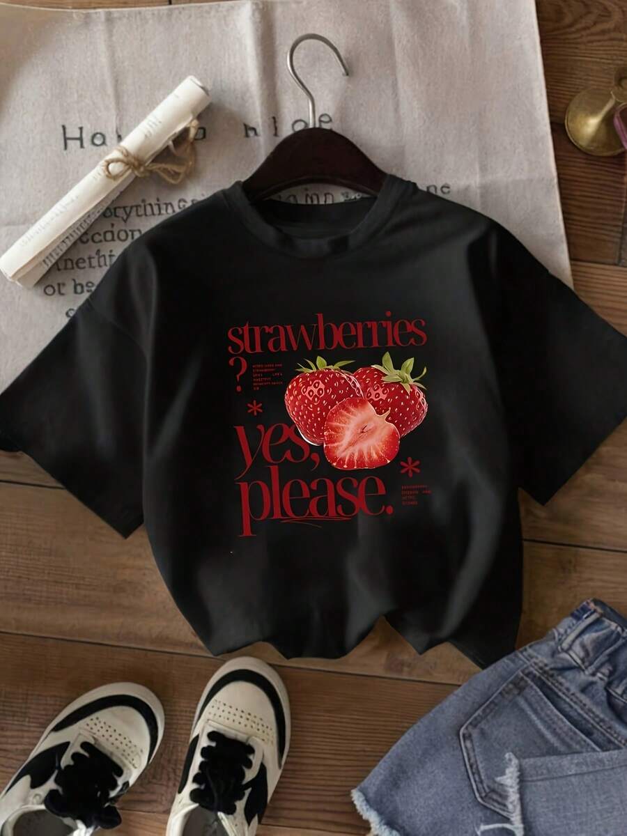 Women's Casual Short-Sleeved Round Neck Sports T-Shirt With Strawberry Print On The Front For Spring/Summer. - Black - View 1