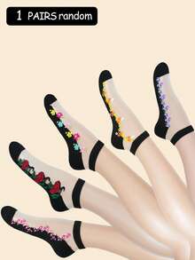 1/5 Pairs Random White Crystal Silk Embroidered Floral Pattern Sheer Socks, Breathable Moisture-Wicking Fashion Ankle Socks, Suitable For Daily Wear In Spring/Summer - Multicolor - View 6