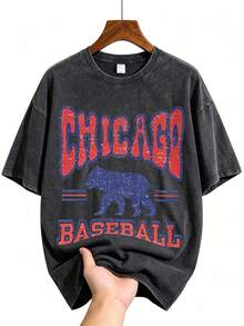 Vintage Washed Chicago Cubs Baseball Graphic Tee | Retro Windy City T-Shirt - Đen 08 - Xem 1