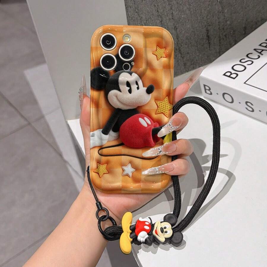 Disney Mickey Mouse Clubhouse Phone Case : 3D Fluffy Pattern Border Protector Phone Soft Phone Case With A Free Cute Mickey Bracelet Chain Lanyard, Mickey, Minnie, Goofy, Donald Duck, Daisy Duck, Pluto, For Apple 17 Promax 17 Pro 16 15 14 13 12 11 Pro Max XS Max X XR Soft Cover Summer Phone Case - 白色 - 查看 1