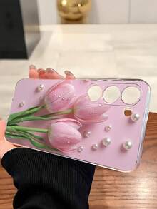 1 ốp điện thoại mềm họa tiết hoa tulip hồng & ngọc trai giả thời trang, tương thích với , Honor, Galaxy, điện thoại - Trong sáng - Xem 3