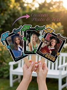 1 pieza Marco de foto personalizado con abanico de mano para graduación, Accesorio con temática de "Graduación" personalizada con brillo, Adecuado para fiesta de graduación y ceremonia al aire libre, Regalo de graduación universitaria/secundaria - Azul - Ver 2