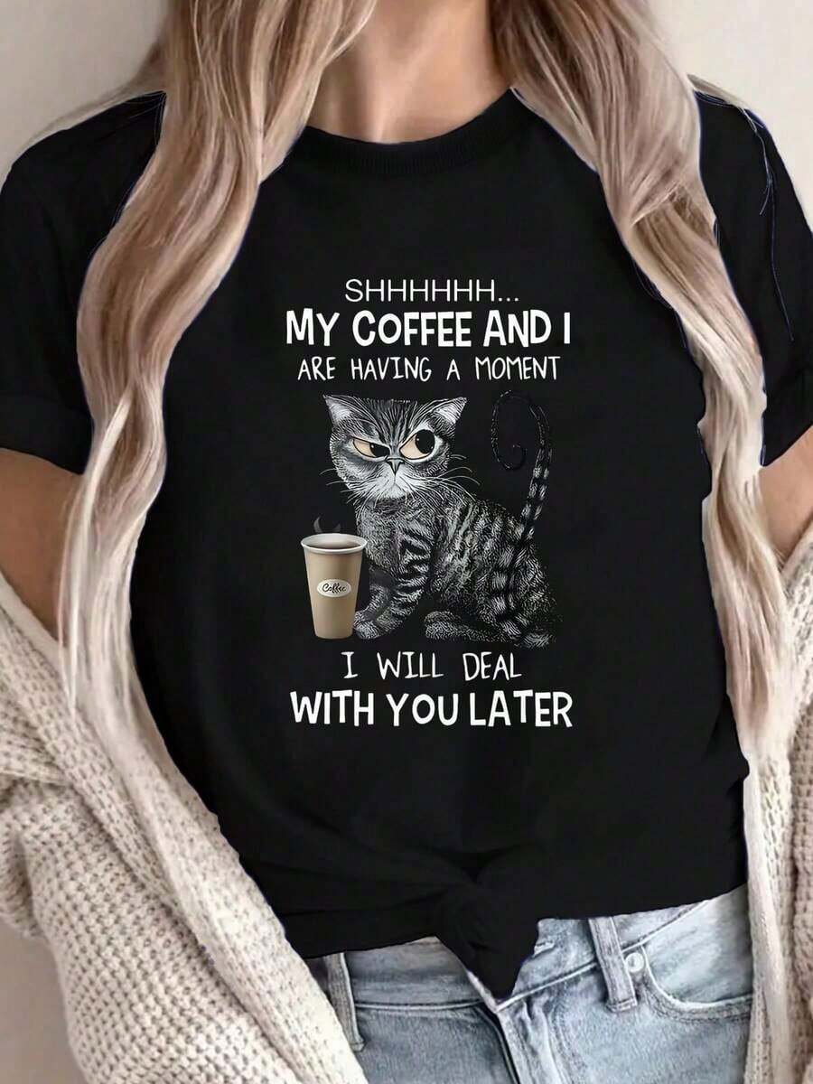 1 pieza Camiseta con estampado de gato color café para mujer, nueva camiseta de verano casual de cuello redondo de algodón puro de manga corta para mujer (1 pieza) 180g 100% algodón - Negro - Ver 1