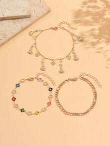 3pcs/Set Vacation Ocean Style Shell, Heart, Tassel, Clover Chain Anklet Combination, Versatile Alloy Shell Decor Women Foot Jewelry, Suitable For Daily, Beach, Party, Travel Wear. Handmade Chain Length Can Be Customized, Assorted Colors - Multicolor - View 2