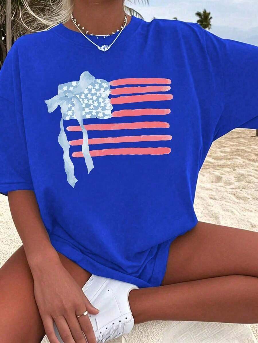 1 Pack Of Printed Short Sleeve Crew Neck T-Shirts For Girls, Casual Summer Clothes For Students And Young People - Unisex Urban Vintage Style, Loose Fit Cotton Crew Neck Short Sleeve T-Shirt - 藍色 - 查看 1