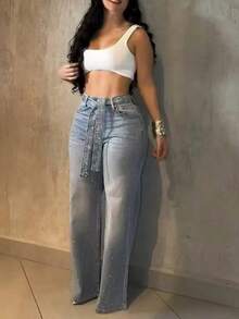 Allover Rhinestone Decor High Waist Zipper Fly Jeans Casual Flared Denim Pants With Rhinestone Decor Belt - 藍色 - 查看 1