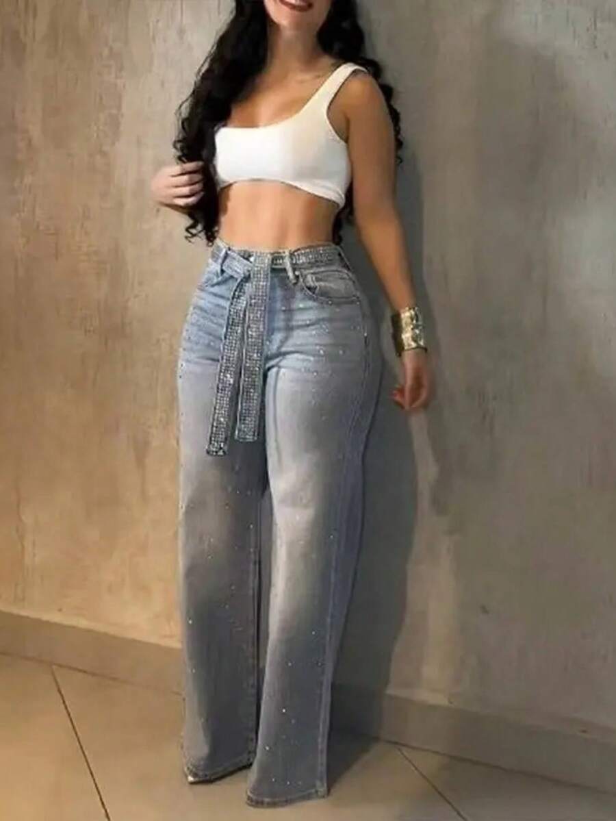 Allover Rhinestone Decor High Waist Zipper Fly Jeans Casual Flared Denim Pants With Rhinestone Decor Belt - 藍色 - 查看 1