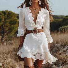 Women's Boho Lace Trim Dress, V-Neck 3/4 Sleeve Flowy Mini Dress For Western & Festival Outfits - 白色 - 查看 2