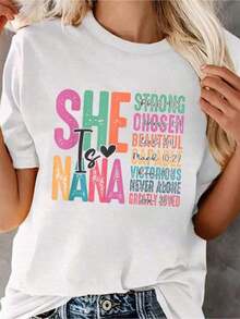 100% Algodón, Camiseta de Manga Corta con Cuello Redondo, Estilo Casual y Deportivo, para el Día de la Madre, con Diseño de Jesús y la frase 'Ella es Nana', Blusas Casuales para Dama - Blanco - Ver 1