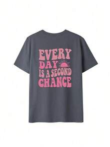 Women's Casual Loose Fit Crew Neck Off Shoulder Slogan Print T-Shirt, Graphic Tee, White Top, Black Top - 深灰色 - 查看 3